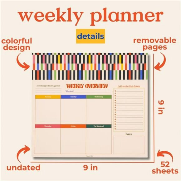 Undated weekly planner notepad desk calendar to do list pad 52 sheets 9x9 - Picture 2 of 4